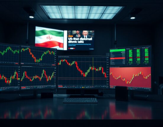 Forex trading desk with monitors showing US dollar and Australian dollar charts and US-Iran news headline