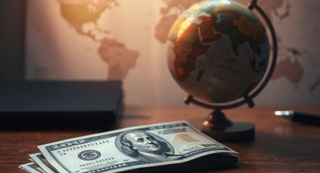 US dollar banknote and globe on desk representing currency markets amid geopolitical tensions