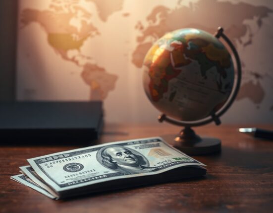 US dollar banknote and globe on desk representing currency markets amid geopolitical tensions