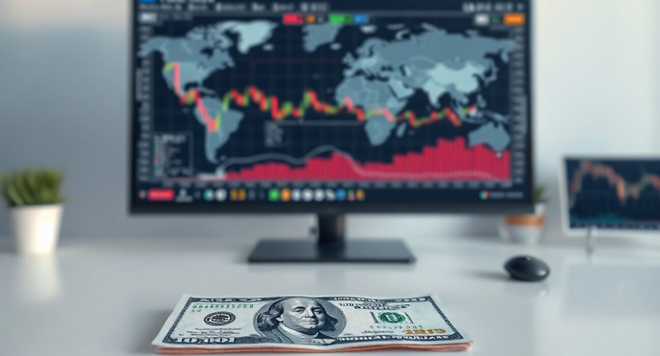 US dollar banknote on desk with blurred financial charts and world map in background