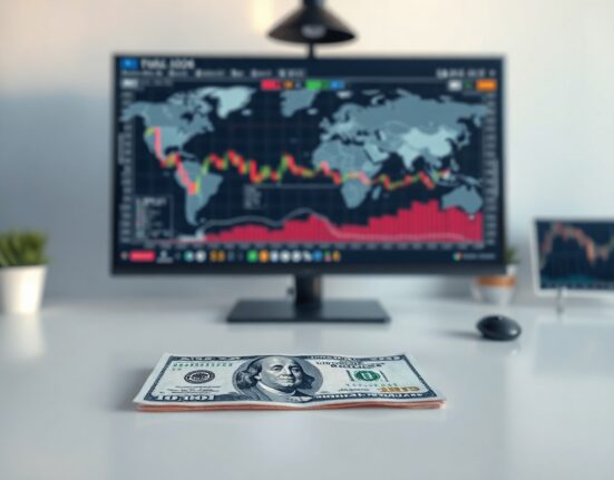 US dollar banknote on desk with blurred financial charts and world map in background
