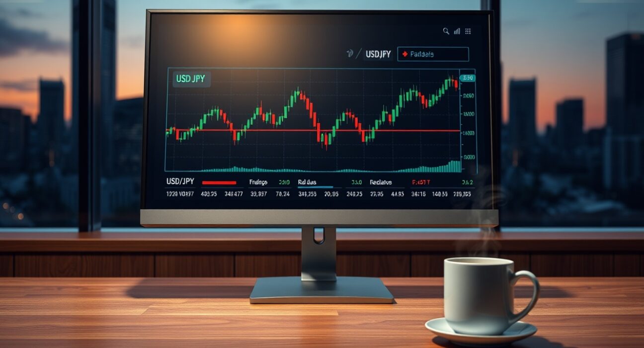 Forex trading screen showing USD/JPY chart with coffee cup on desk in financial news studio