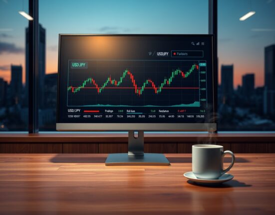 Forex trading screen showing USD/JPY chart with coffee cup on desk in financial news studio