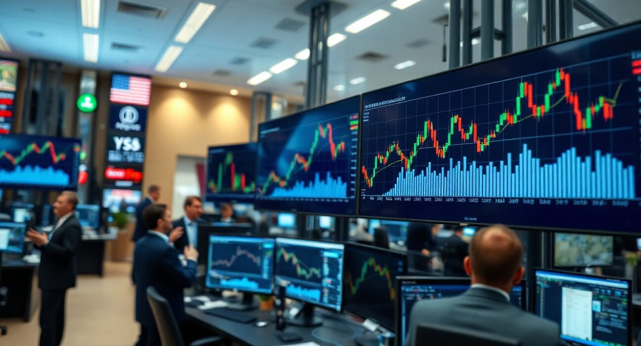 Financial trading screens showing upward trend charts and US dollar symbols in a modern trading room.