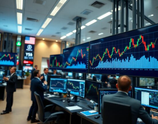 Financial trading screens showing upward trend charts and US dollar symbols in a modern trading room.