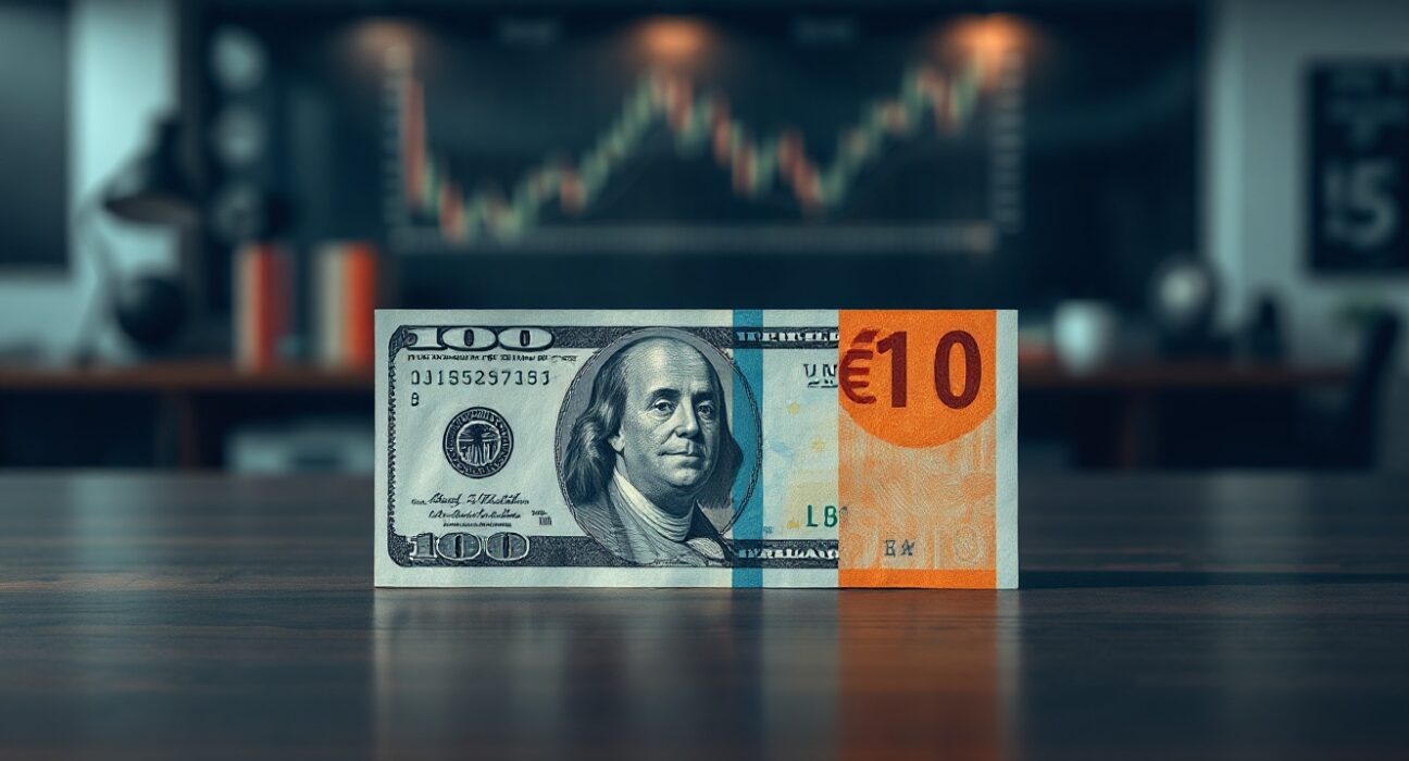 US dollar and euro banknotes side by side on a desk representing currency market dynamics.