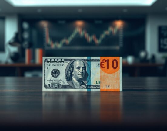 US dollar and euro banknotes side by side on a desk representing currency market dynamics.