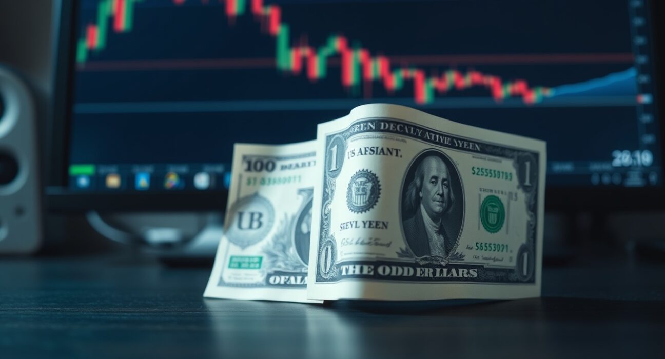 Japanese yen and US dollar banknotes on a desk with a financial chart in the background