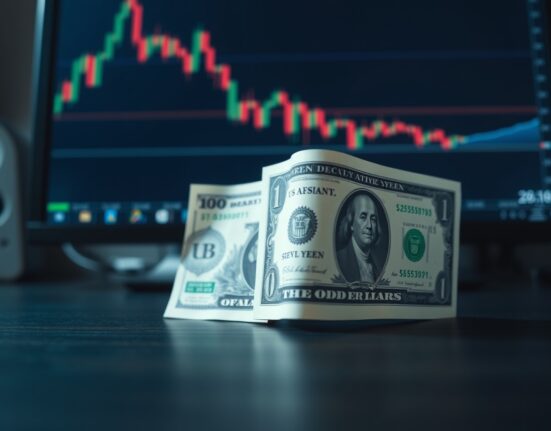 Japanese yen and US dollar banknotes on a desk with a financial chart in the background