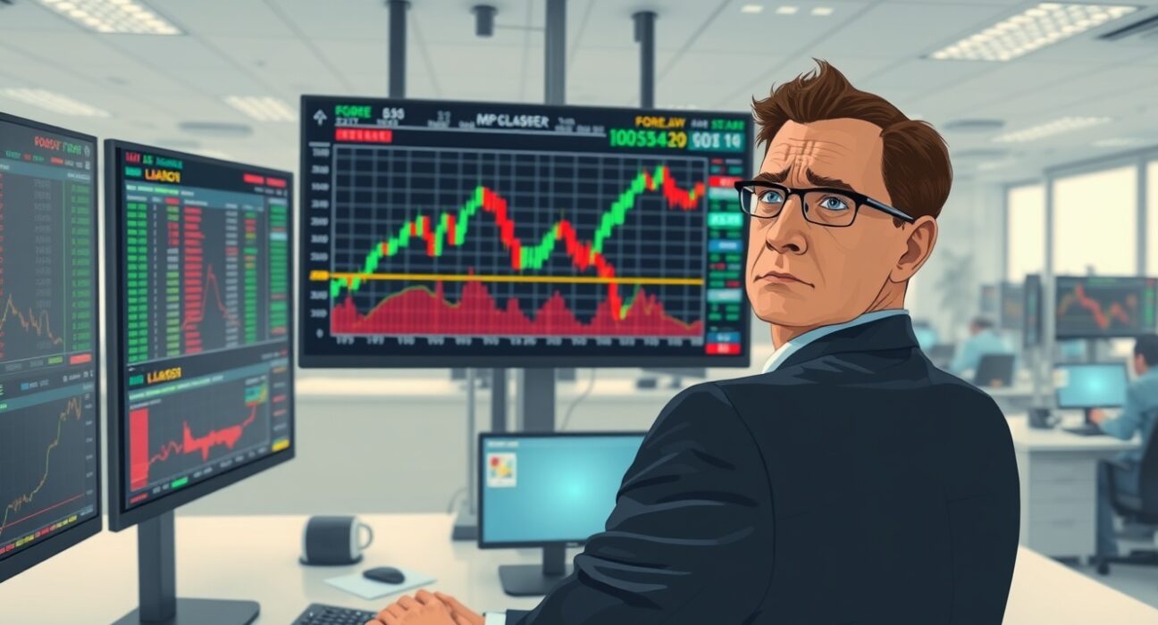 Financial analyst monitors forex charts showing dollar strength after Trump speech impacts currency markets.