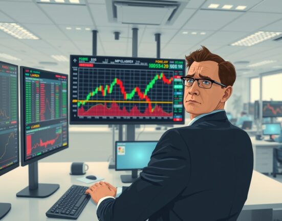 Financial analyst monitors forex charts showing dollar strength after Trump speech impacts currency markets.