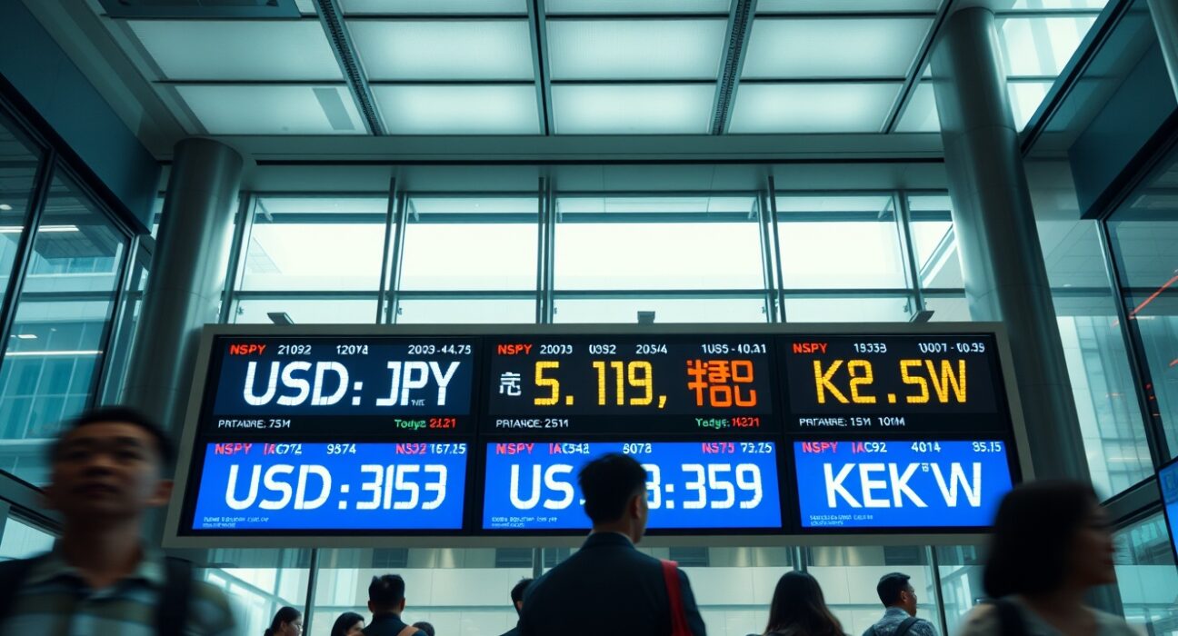 Currency exchange board in an Asian financial center showing USD/JPY and other Asian currency rates