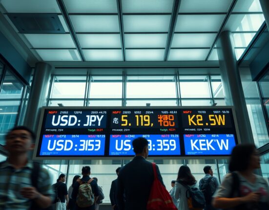 Currency exchange board in an Asian financial center showing USD/JPY and other Asian currency rates