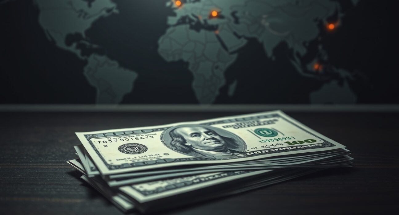 Close-up of US dollar bills on a dark surface with a blurred map and orange glow in the background