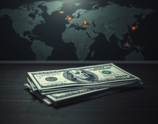 Close-up of US dollar bills on a dark surface with a blurred map and orange glow in the background