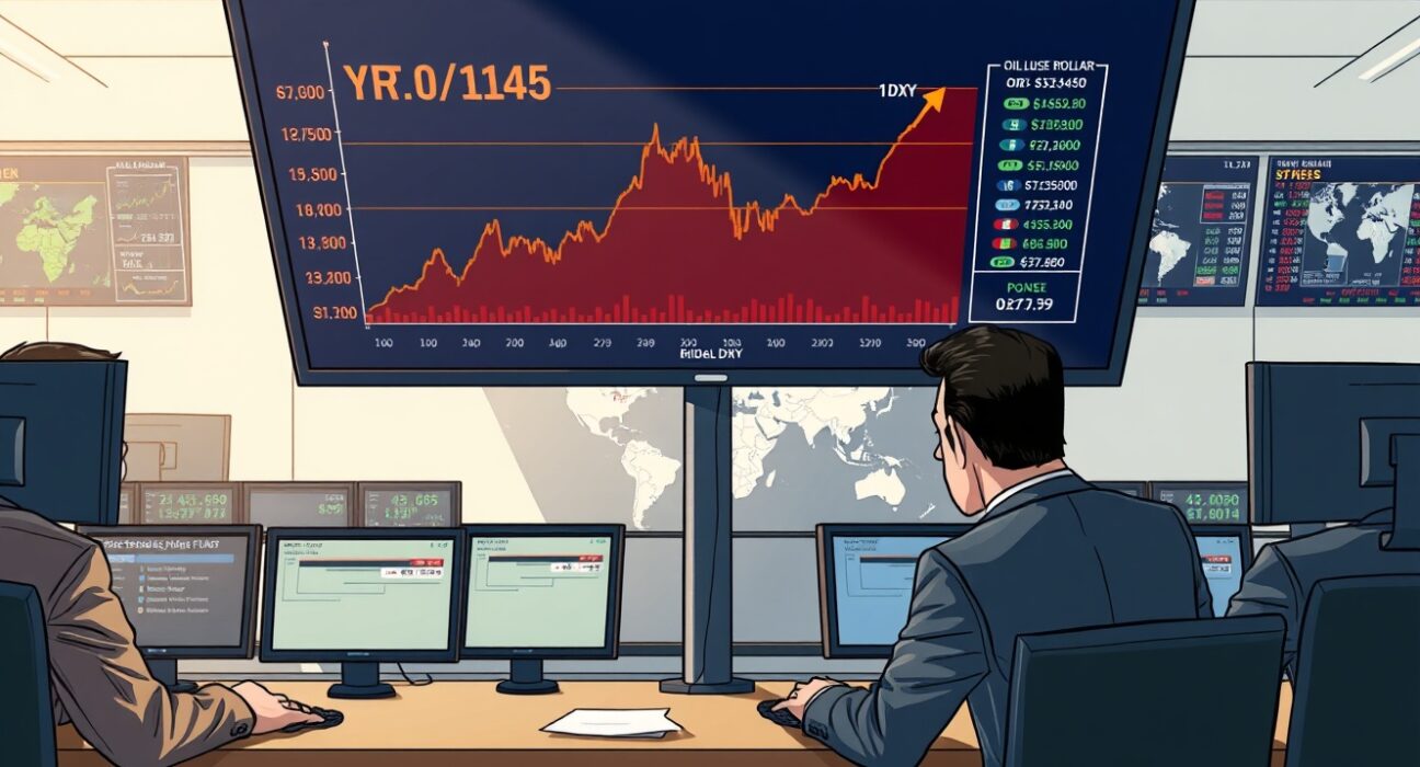 Global financial trading floor monitors showing dollar strengthening and oil price surge amid Iran conflict