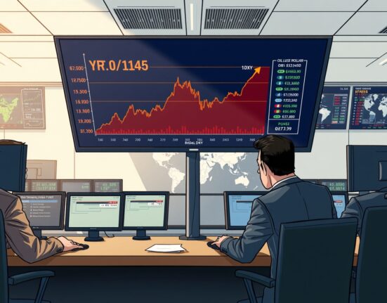 Global financial trading floor monitors showing dollar strengthening and oil price surge amid Iran conflict