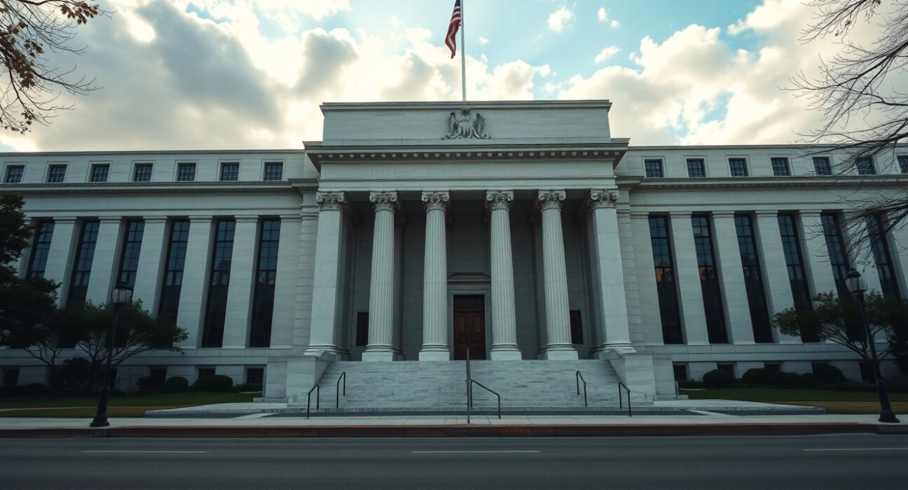 Exterior of the U.S. Federal Reserve building in Washington, D.C., under late afternoon sunlight.