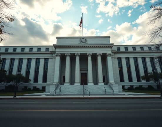 Exterior of the U.S. Federal Reserve building in Washington, D.C., under late afternoon sunlight.