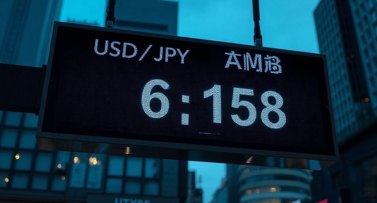 Currency exchange board showing USD/JPY at 158, reflecting dollar strength and yen weakness