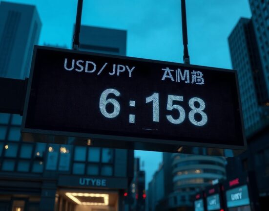 Currency exchange board showing USD/JPY at 158, reflecting dollar strength and yen weakness