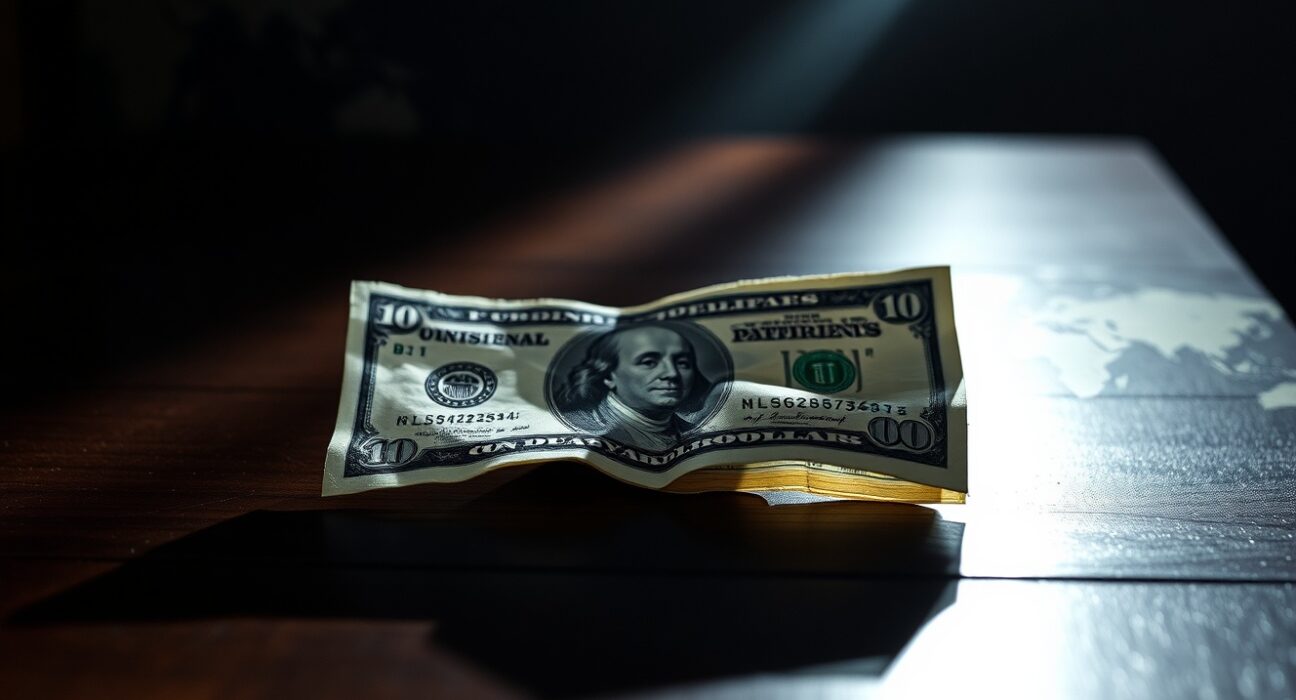 US dollar bill on dark surface representing currency market uncertainty amid geopolitical tensions.