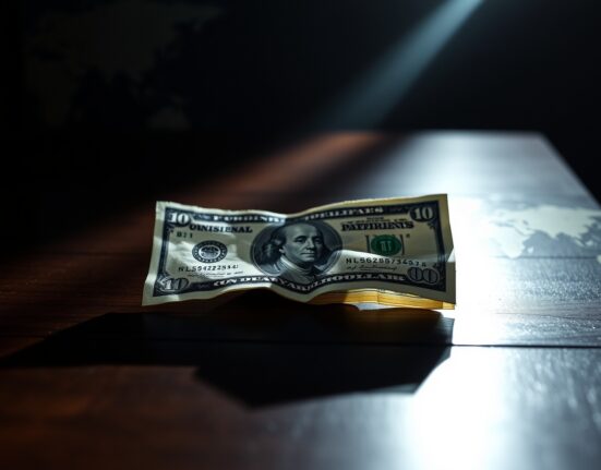 US dollar bill on dark surface representing currency market uncertainty amid geopolitical tensions.