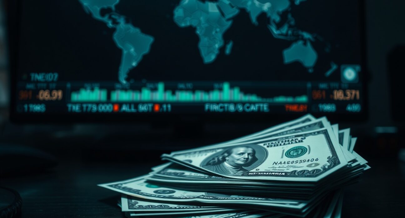 Stack of US dollar bills on a desk with a blurred world map and financial news ticker in the background.