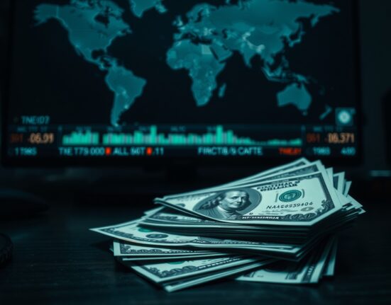 Stack of US dollar bills on a desk with a blurred world map and financial news ticker in the background.