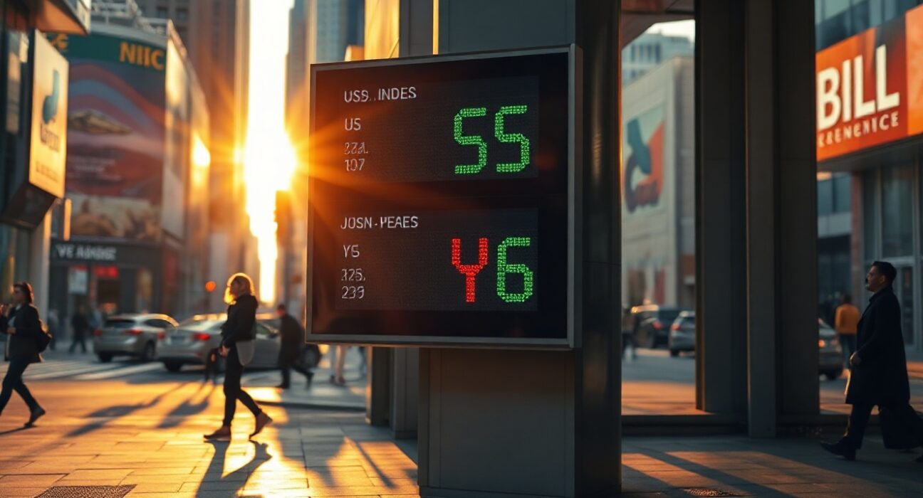 Currency exchange board showing dollar and yen rates in a financial district