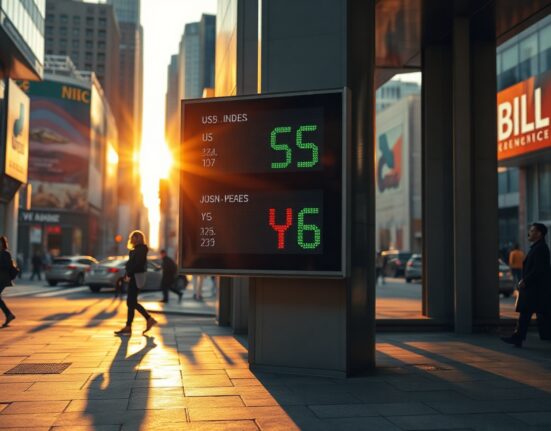 Currency exchange board showing dollar and yen rates in a financial district