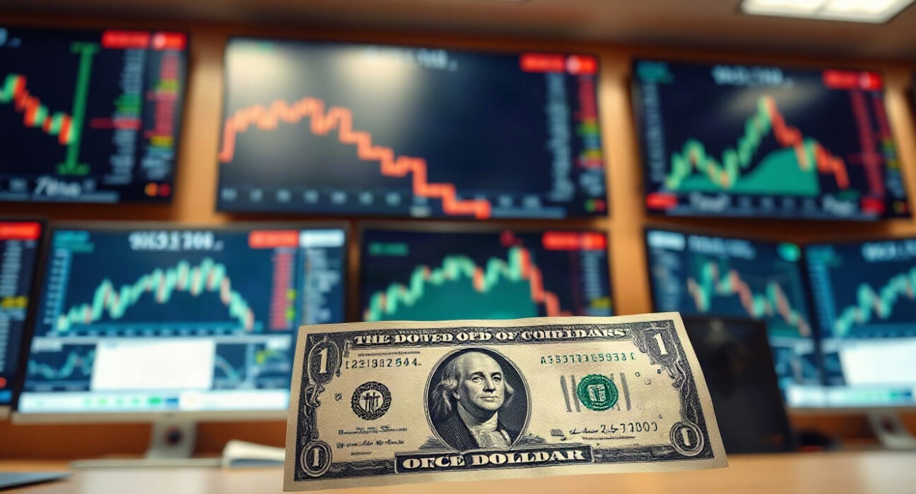 US dollar banknote with declining forex chart on trading screens