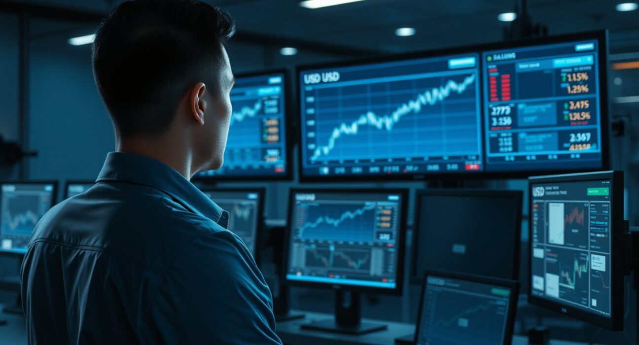 Currency trader analyzing US dollar strength on financial charts ahead of FOMC meeting.