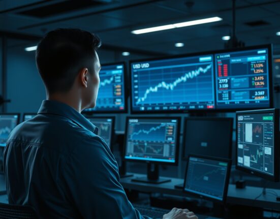 Currency trader analyzing US dollar strength on financial charts ahead of FOMC meeting.