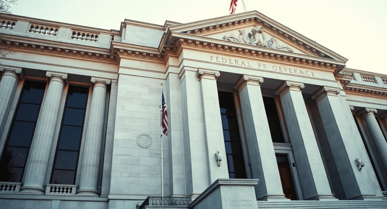 Exterior of the Federal Reserve building in Washington, D.C., under clear skies.