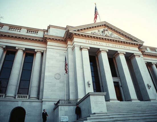 Exterior of the Federal Reserve building in Washington, D.C., under clear skies.