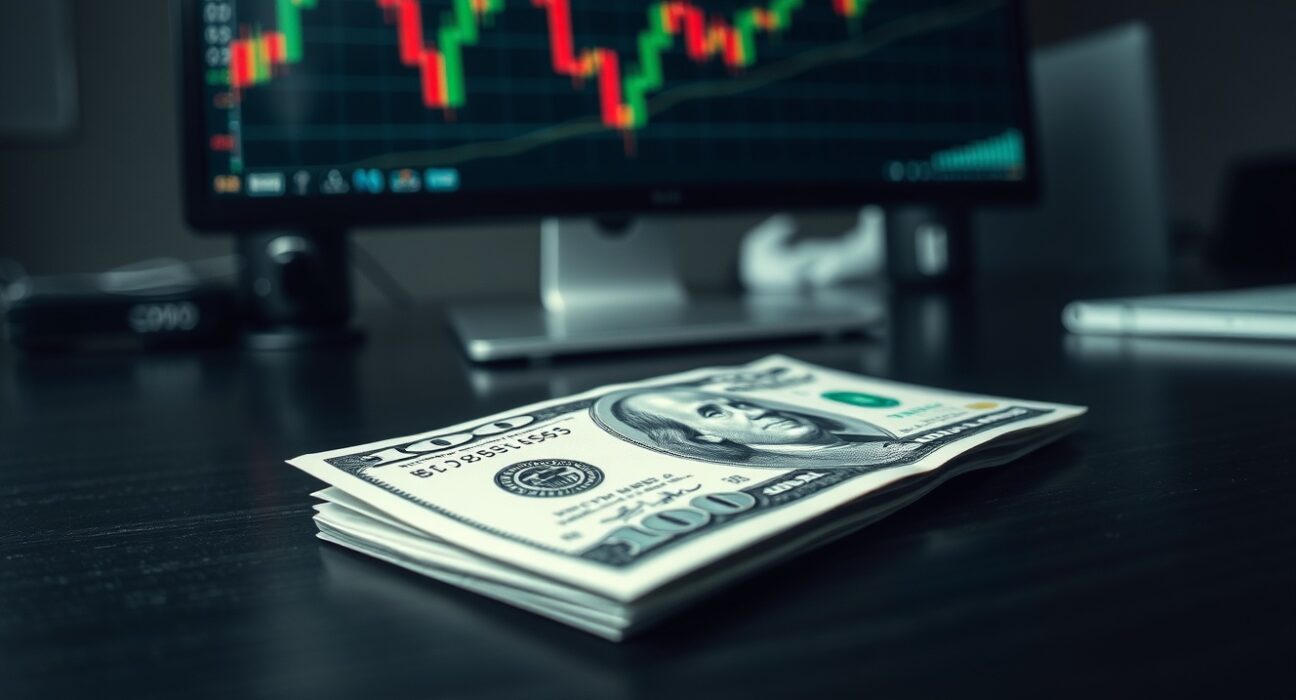 US dollar banknote on desk with financial chart in background