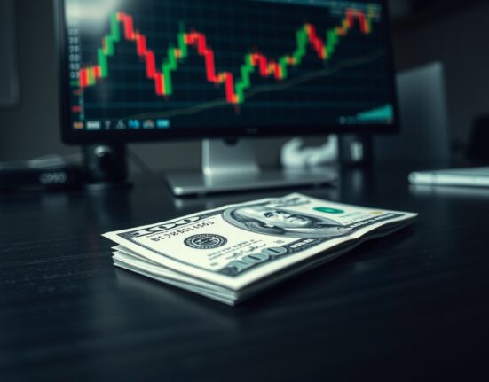 US dollar banknote on desk with financial chart in background