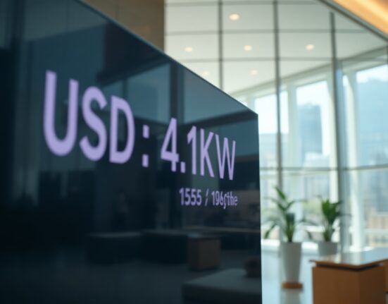 Financial market board in Seoul displaying USD/KRW exchange rate at 1545