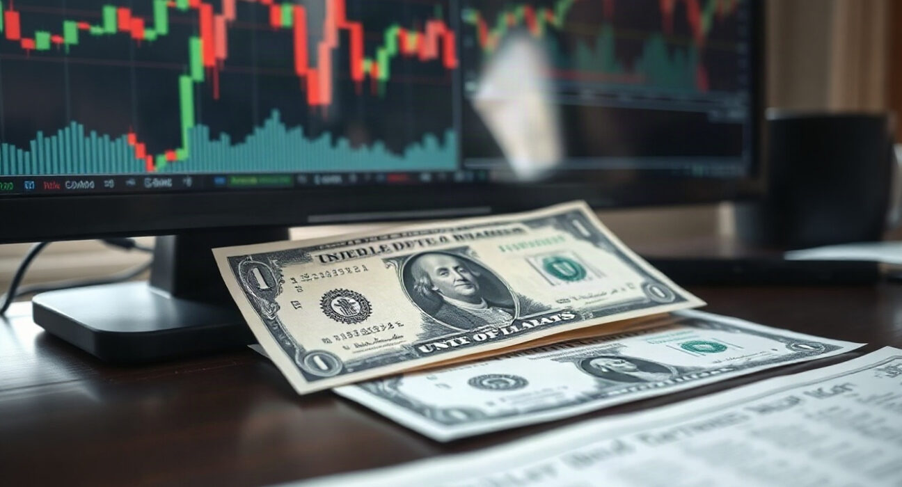 U.S. dollar bills and Treasury bond documents on a desk with financial charts in the background