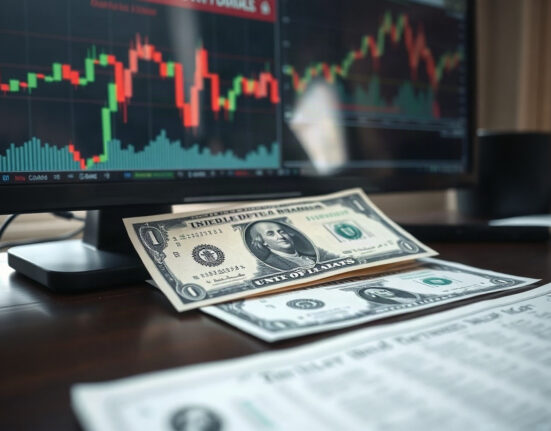 U.S. dollar bills and Treasury bond documents on a desk with financial charts in the background