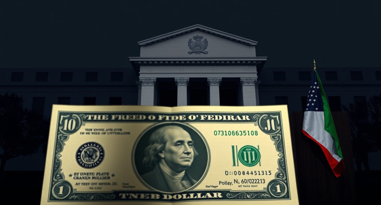 U.S. dollar banknote in foreground with Federal Reserve building and Iranian flag in background, representing dollar ticks up amid Fed caution and U.S.-Iran deadlock.