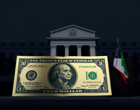 U.S. dollar banknote in foreground with Federal Reserve building and Iranian flag in background, representing dollar ticks up amid Fed caution and U.S.-Iran deadlock.