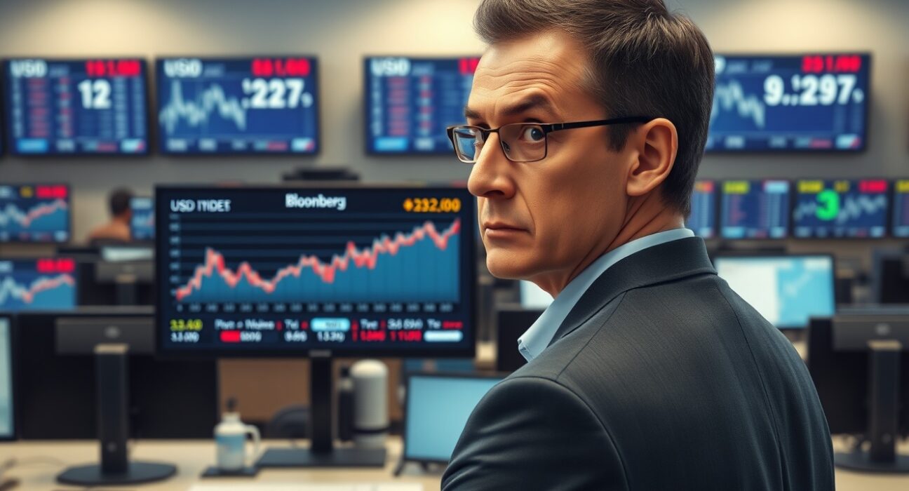 Financial analyst monitoring US dollar strength on trading terminal during Trump ceasefire news