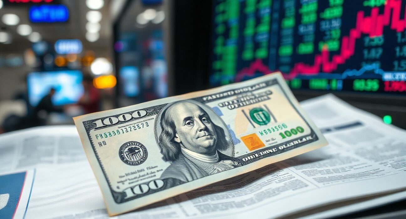 Close-up of a US dollar bill on a financial newspaper, symbolizing the currency's rally after jobs data.