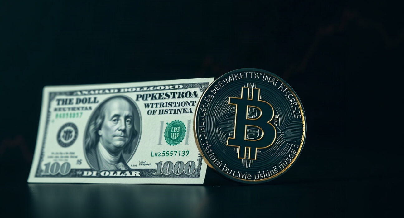 US dollar and Bitcoin coin on a financial chart background