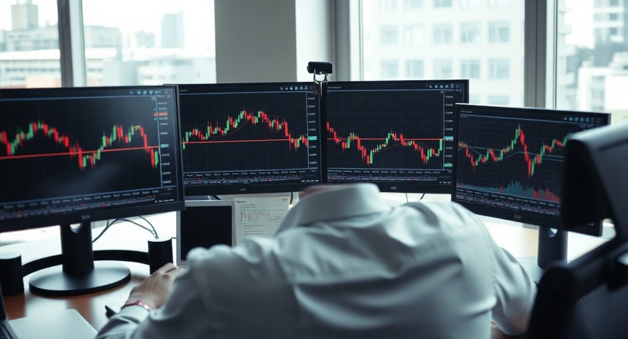 Trading desk monitors showing US dollar index charts with calm market conditions