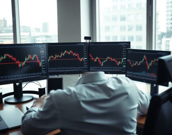 Trading desk monitors showing US dollar index charts with calm market conditions