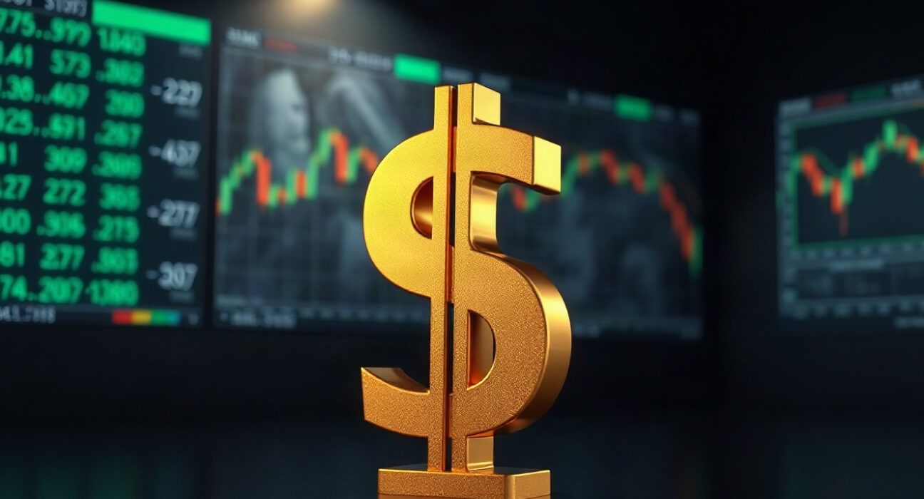 US dollar symbol on a reflective surface with financial charts in background