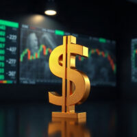 US dollar symbol on a reflective surface with financial charts in background